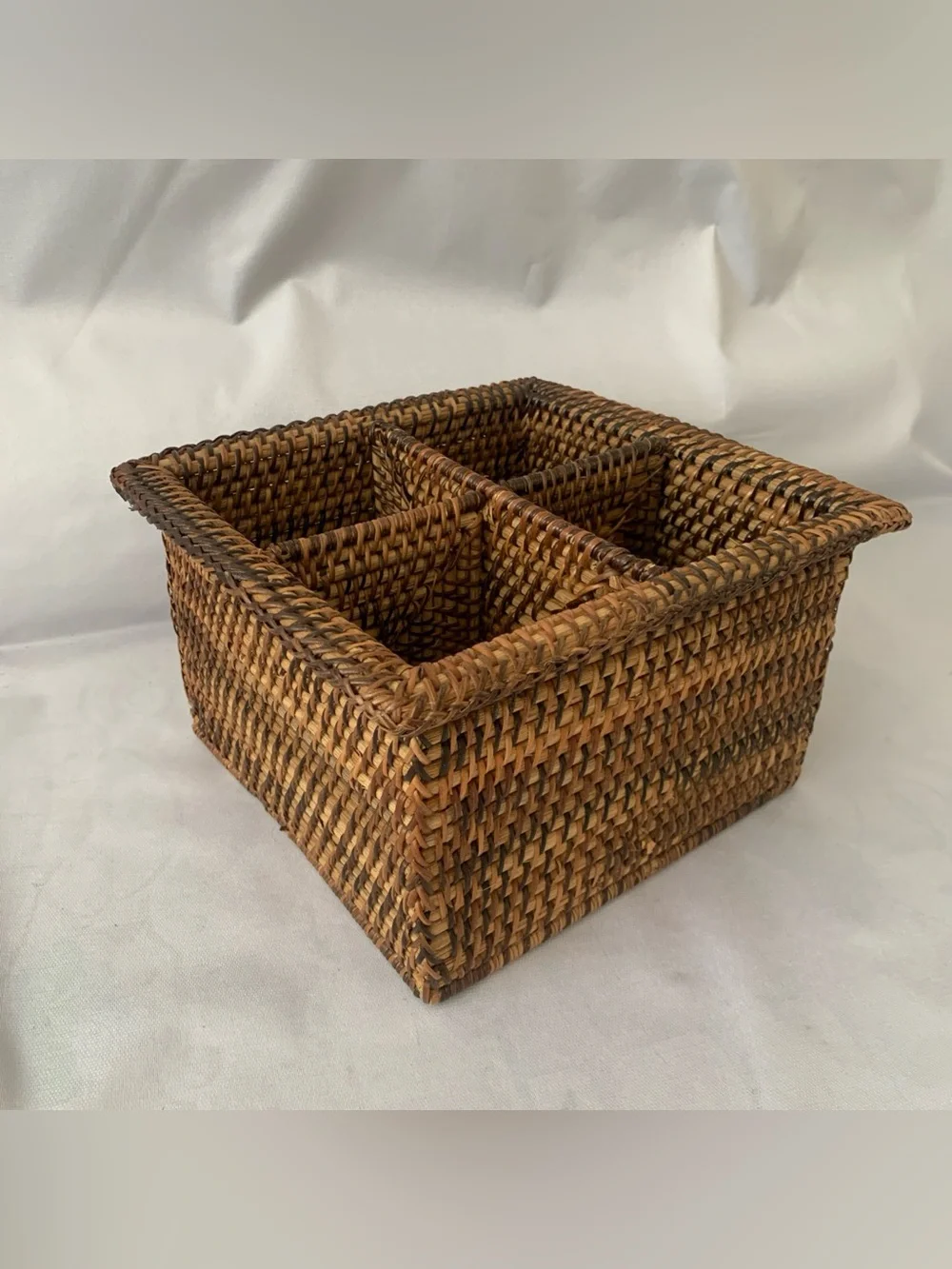 VTG Hand Woven Wicker Rattan Basket 4 Section Utensil Holder 8” Square Container